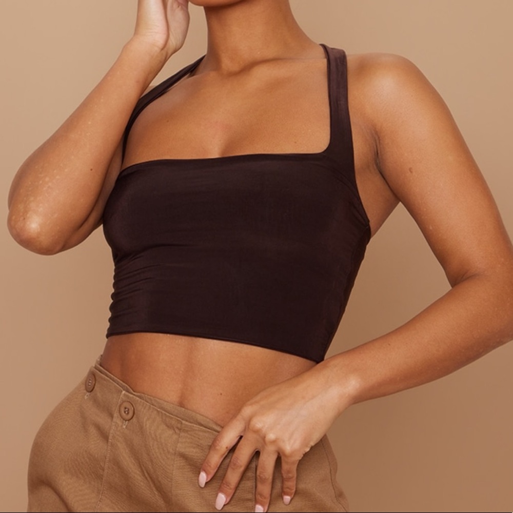 PRETTYLITTLETHING Chocolate Slinky Square Neck Halter Top